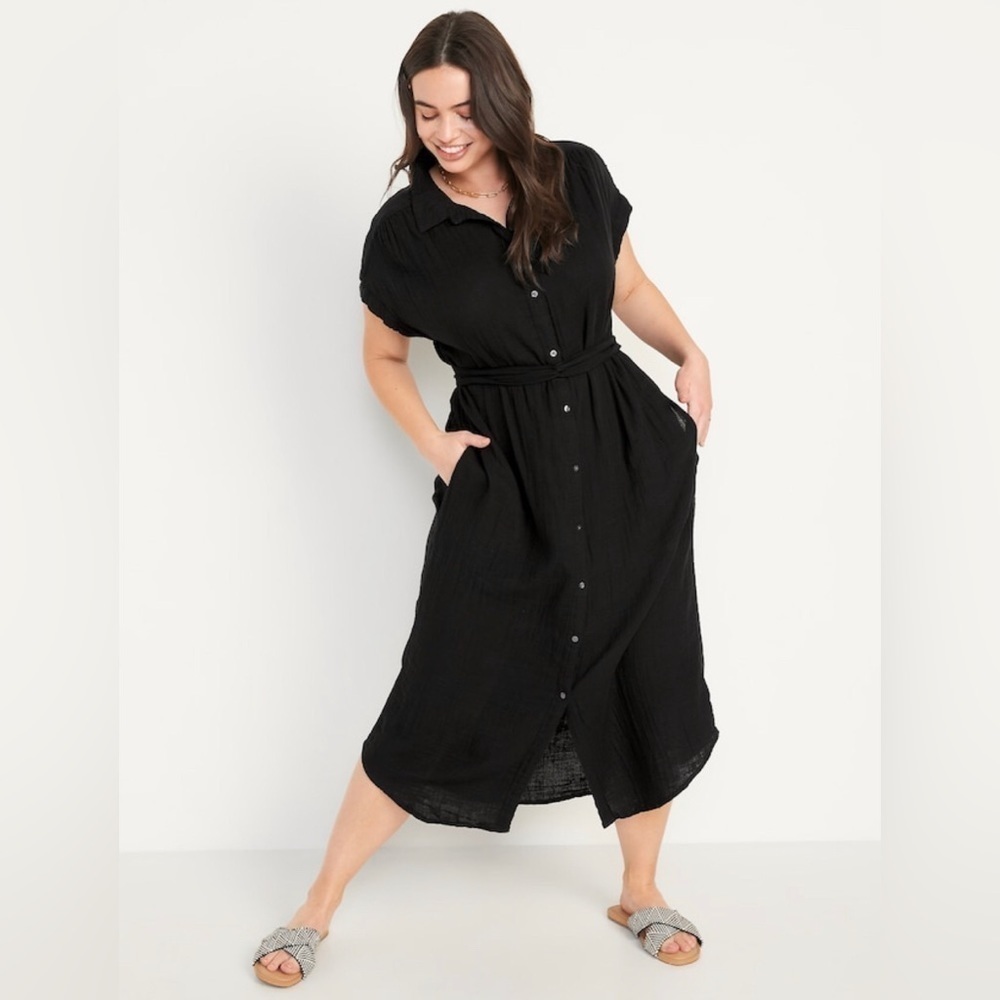 NWT! Black Short-Sleeve Waist-Defined Midi Shirt Dress for Women Small Petite💜